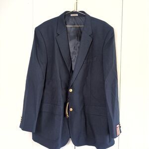 NEW Louis Martin Blazer Men 46L Navy Blue Gold Shield Button Wool Poly Hopsack